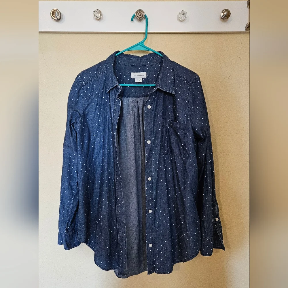 Liz Claiborne Womens Chamnray Polka Dot Shirt Size L - Picture 2 of 9